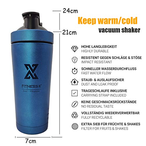 PLC020 Coctelera de proteínas de acero inoxidable de 700 ml, para deporte, fitness, proteínas, batidor de proteínas, vaso con bola (doble pared azul)