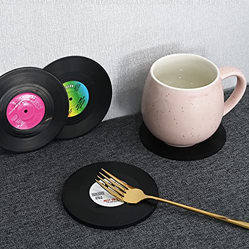 Posavasos de bebida, 6 piezas retro CD Record Coaster Set ronda Copa Mat con protección antideslizante de mesa para café, té, cerveza, taza de vino, café y bar (negro)