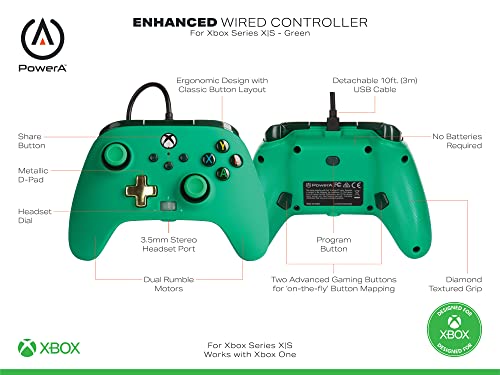 Power A - Mando con Cable, Salida de Audio y Botones programables, de Color Verde Green Inline para Xbox One, Xbox Serie X y Windows 10 (Xbox Series X)