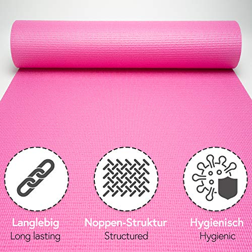 POWRX Esterilla yoga antideslizante 173 x 61 x 0,4 cm - Colchoneta ideal también para ejercicios de pilates y gimnasia - Enrollable con bolsa de transporte - Extra suave + PDF workout (Rosa oscuro)