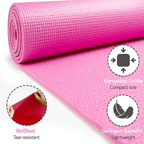 POWRX Esterilla yoga antideslizante 173 x 61 x 0,4 cm - Colchoneta ideal también para ejercicios de pilates y gimnasia - Enrollable con bolsa de transporte - Extra suave + PDF workout (Rosa oscuro)