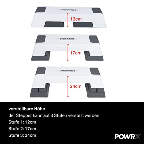 POWRX Step Fitness/aeróbic escalón - Stepper ideal para ejercicios en casa - Altura regulable y Superficie antideslizante + PDF Workout (Blanco)