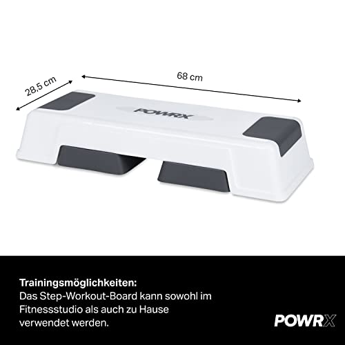 POWRX Step Fitness/aeróbic escalón - Stepper ideal para ejercicios en casa - Altura regulable y Superficie antideslizante + PDF Workout (Blanco)