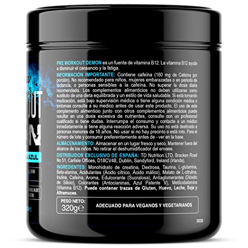 Pre Workout Demon (Frambuesa Azul) Pre-Entreno Potente polvo con Creatina Monohidrato, Cafeína, Beta-Alanina y Glutamina (320 Gramos - 40 Porciones)