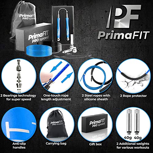 PrimaFIT Pro Speed Cuerda Saltar, Comba Crossfit Hombre y Mujer de Alta Velocidad para Boxeo y Fitness - Mango de Aluminio, Autoajustable, Rodamientos de Rápidos, 2 Lastres, Cable de Repuesto, Bolsa