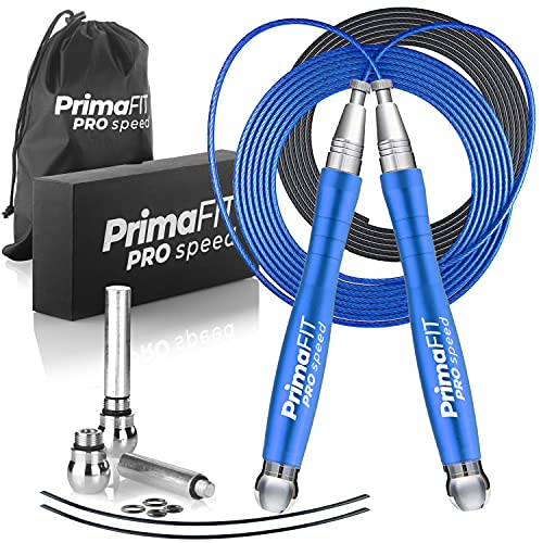 PrimaFIT Pro Speed Cuerda Saltar, Comba Crossfit Hombre y Mujer de Alta Velocidad para Boxeo y Fitness - Mango de Aluminio, Autoajustable, Rodamientos de Rápidos, 2 Lastres, Cable de Repuesto, Bolsa