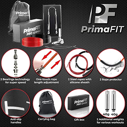 PrimaFIT Pro Speed Cuerda Saltar, Comba Crossfit Hombre y Mujer de Alta Velocidad para Boxeo y Fitness - Mango de Aluminio, Autoajustable, Rodamientos de Rápidos, 2 Lastres, Cable de Repuesto, Bolsa