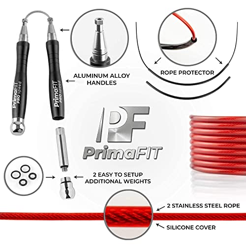 PrimaFIT Pro Speed Cuerda Saltar, Comba Crossfit Hombre y Mujer de Alta Velocidad para Boxeo y Fitness - Mango de Aluminio, Autoajustable, Rodamientos de Rápidos, 2 Lastres, Cable de Repuesto, Bolsa