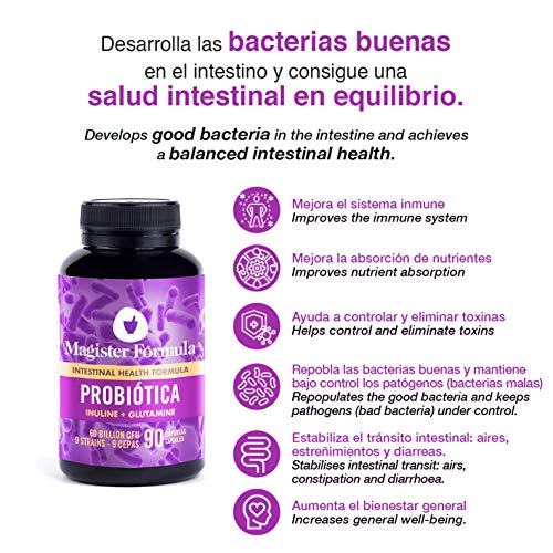 Probióticos y Prebióticos Intestinales | Con Inulina y Glutamina | Sistema Inmunológico, Colon Irritable y Más | 90 Cápsulas | Repara Flora Intestinal y Vaginal | Amplio Espectro | 60 Mil Millones UFC