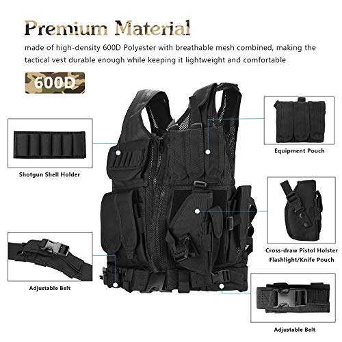 ProCase Chaleco Táctico Hombre, Ropa Militar Adulto Multibolsillos para Caza Airsoft Paintball, Chaleco de Asalto Entrenamiento Ajustable Transpirable Ligero para Deportes al Aire Libre -Negro