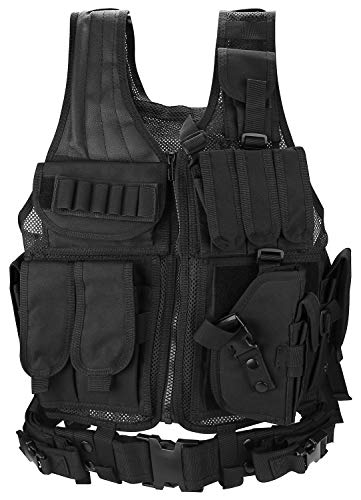 ProCase Chaleco Táctico Hombre, Ropa Militar Adulto Multibolsillos para Caza Airsoft Paintball, Chaleco de Asalto Entrenamiento Ajustable Transpirable Ligero para Deportes al Aire Libre -Negro