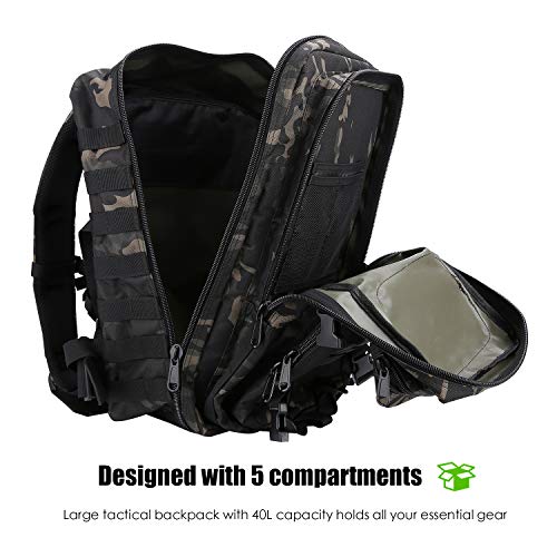 ProCase Mochila Táctica Militar 40L, Paquete de Asalto MOLLE de Gran Capacidad para Utilidad Militar, Bolsa de Emergencia de 3 Días para Caza Senderismo Acampada y Actividad al Aire Libre –Camo Negro