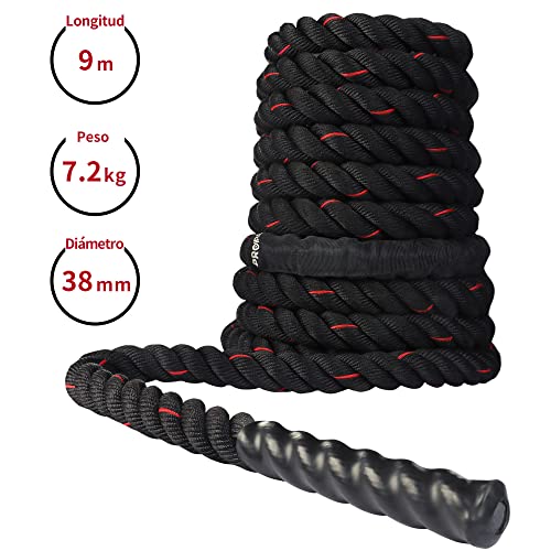 PROIRON Cuerda De Batalla 9m 12m Battle Rope para Entrenamiento Físico, 38mm diámetro Negro