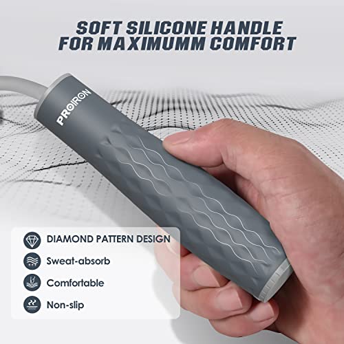 PROIRON Cuerda para Saltar Ajustable de 3 m - Combas Ponderada con Mango de Silicona Suave (Carga extraíble 2 x 100g) - Jump Rope de Fitness,Crossfit, Gym para Mujer,Hombre y Niños (Gris)