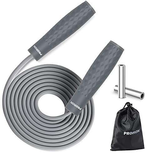 PROIRON Cuerda para Saltar Ajustable de 3 m - Combas Ponderada con Mango de Silicona Suave (Carga extraíble 2 x 100g) - Jump Rope de Fitness,Crossfit, Gym para Mujer,Hombre y Niños (Gris)