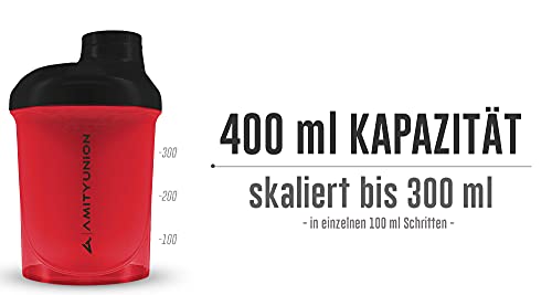 Protein Shaker Protein Shake Deluxe 400 ml Nano - batidor de proteínas a prueba de fugas, sin BPA con tamiz y escala para batidos cremosos de proteína de suero de leche en polvo - rojo negro