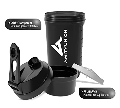 Proteína Shaker FYRA 700 ml - a prueba de fugas, BPA libre, con tamiz y escala, para batidos cremosos, de proteínas agitadores, para aislamientos y concentrados Iso Sport (negro)