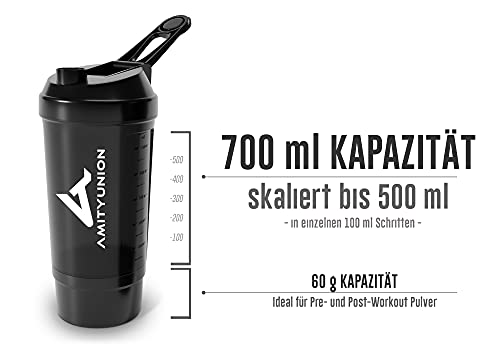 Proteína Shaker FYRA 700 ml - a prueba de fugas, BPA libre, con tamiz y escala, para batidos cremosos, de proteínas agitadores, para aislamientos y concentrados Iso Sport (negro)