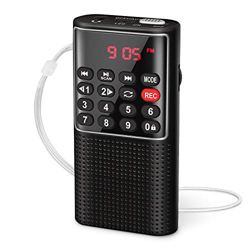 PRUNUS J-328 Radio Portatil Pequeña Recargable FM, Mini Radio de Bolsillo Digital con grabadora, Reproductor de música SD/TF/AUX, Radio Pequeña con Botones de Bloqueo para Correr, Viajar(Negro)