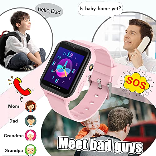 PTHTECHUS Reloj Inteligente niño - Música Smartwatch para Niños Pantalla Táctil con podómetro Juegos Cámara Linterna Alarma Reloj niños y niñas de 8-12 años Regalo, S19 Rosa