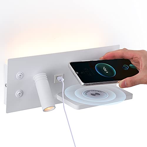 Puhui Lámpara LED de pared interior interruptor, puerto de carga USB y cargador inalámbrico Qi, lámpara de lectura 3 W y luz de fondo, cama para lectura de hotel dormitorio luz nocturna (B-D)