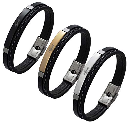 Pulsera hombre Legado, en cuero pu y acero inoxidable, brazalete vikingo chico negra combinable con anillo pendiente collar colgante o tobillera muñequera personalizable (BLACK 21,5)