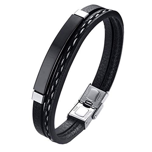 Pulsera hombre Legado, en cuero pu y acero inoxidable, brazalete vikingo chico negra combinable con anillo pendiente collar colgante o tobillera muñequera personalizable (BLACK 21,5)