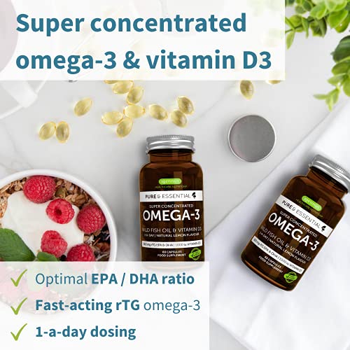 Pure & Essential Aceite de Pescado Salvaje Omega-3 410 mg EPA y 250 mg DHA por cápsula y Vitamina D3, aroma natural de limón, 60 cápsulas