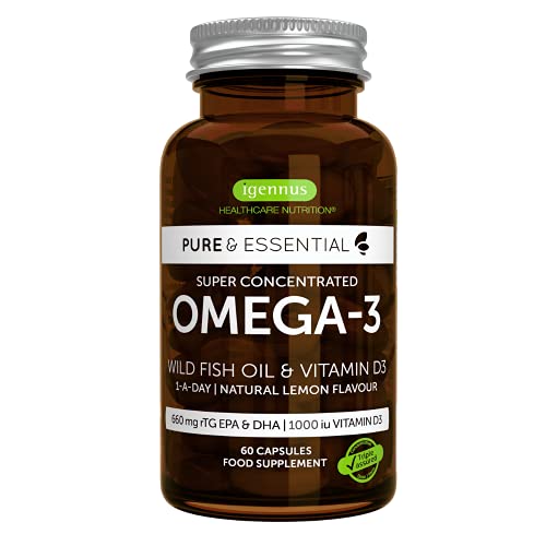 Pure & Essential Aceite de Pescado Salvaje Omega-3 410 mg EPA y 250 mg DHA por cápsula y Vitamina D3, aroma natural de limón, 60 cápsulas