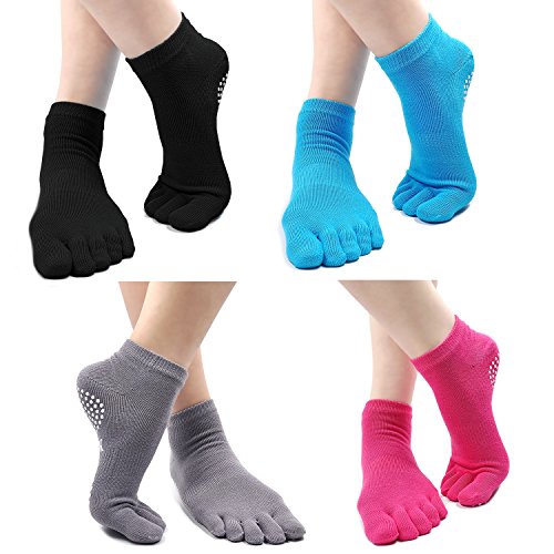 PUTUO Mujer Calcetines Pilates Yoga Antideslizantes, Mujer Cinco Calcetines de los Dedos para Pilates Yoga Danza Gimnasio Deportes Artes Marciales, 4 pares