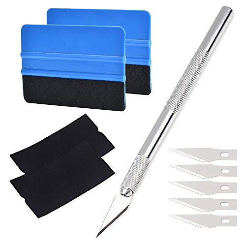 QitinDasen 10Pcs Profesional Raspador de Borde de Fieltro Kit, Herramientas de Instalación de Película de Vinilo, con Fieltro Enjugador y Cuchillo de Manualidades