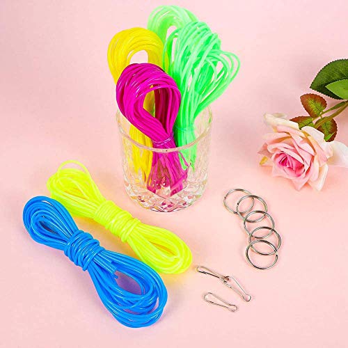 Queta 200 PCS hilo Plastico, Cuerda de Colores,Cordón Plástico,Hueco Plástico Hilo, para la Pulsera Llavero DIY, con 10 Ganchos Llaveros,20 Colores