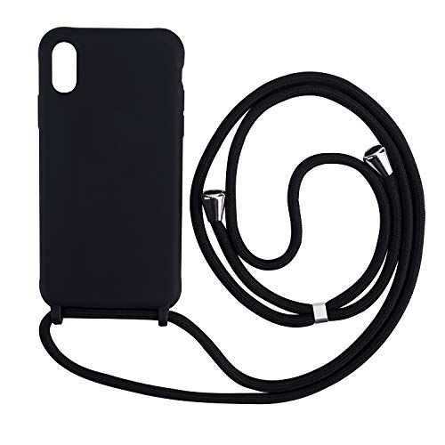 Ququcheng Funda Compatible con iPhone X/XS,Ajustable Collar Correa de Cuello Cordón Cuerda Carcasa TPU Bumper Silicona Skin Caso para iPhone X/XS-Negro