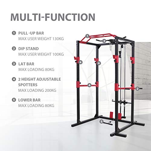 Rack de musculación, estructura de acero sólido, juego de rack de fitness, con 2 focos, barra de dominadas, soporte para dip, poleas y remo, para principiantes y avanzados (negro/rojo) (Gris / Rojo)