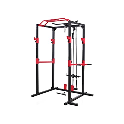 Rack de musculación, estructura de acero sólido, juego de rack de fitness, con 2 focos, barra de dominadas, soporte para dip, poleas y remo, para principiantes y avanzados (negro/rojo) (Gris / Rojo)