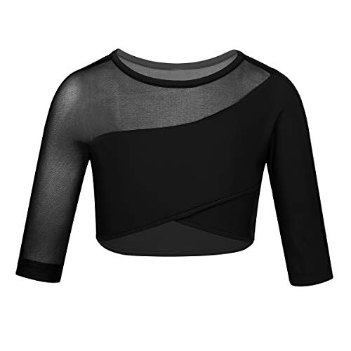 ranrann Crop Top de Danza Ballet para Niña Asimétrico Camiseta Corta Deportiva 3/4 Mangas para Gimnasia Rítmica Yoga Fitness Disfraz de Bailarina Negro 6 años