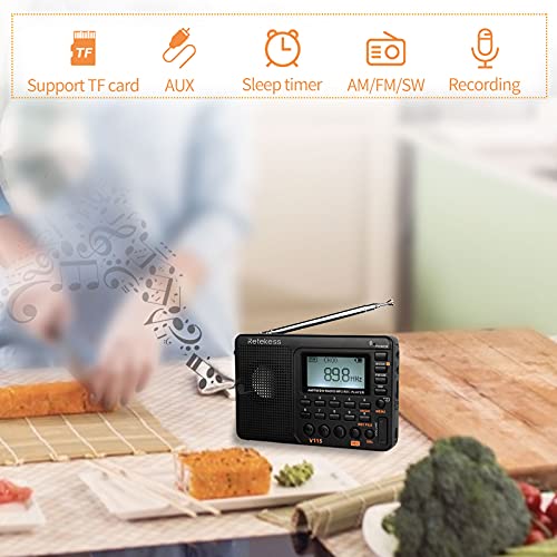 Retekess V115 Radio Portátil AM FM SW Radio de Onda Corta, con Reproductor MP3, Radio de Bolsillo, Grabación, Tiempo de sueño, Estaciones de tienda, Batería Recargable (Negro)