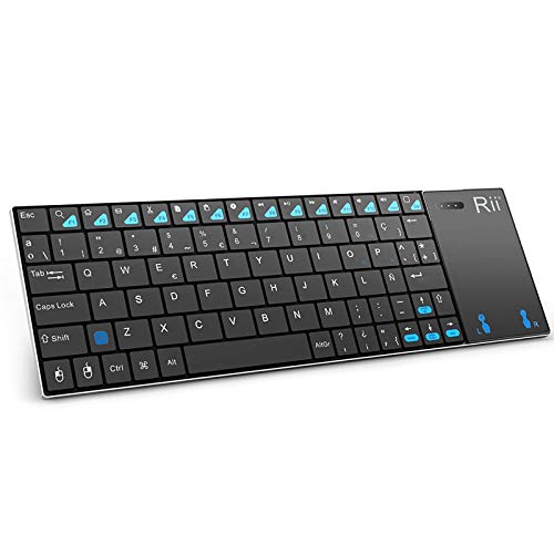 Rii K12+ Mini Teclado compacto con touchpad multitoque integrado (WiFi 2.4 GHz, USB incorporado, cubierta de Acero Inoxidable ultra-resistente) Color Negro - QWERTY Español