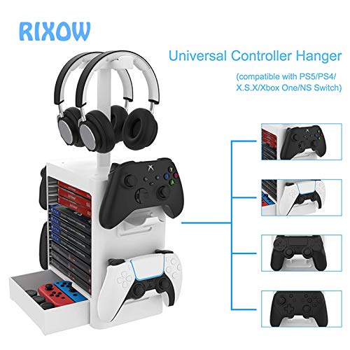 RIXOW Soporte Multifuncional de Almacenamiento de Juegos, Rack de Almacenamiento en Disco de 10 Juegos con Cajón, Soporte para Controlador Auricular Compatible con PS5 PS4 Xbox Series, Gris Claro