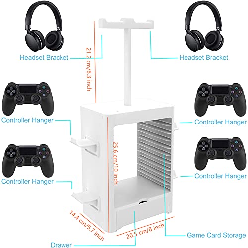 RIXOW Soporte Multifuncional de Almacenamiento de Juegos, Rack de Almacenamiento en Disco de 10 Juegos con Cajón, Soporte para Controlador Auricular Compatible con PS5 PS4 Xbox Series, Gris Claro