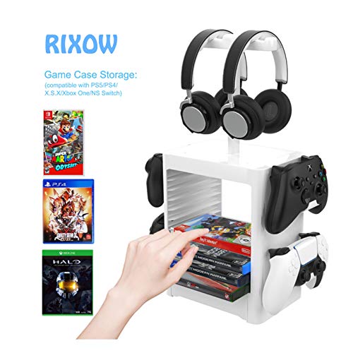 RIXOW Soporte Multifuncional de Almacenamiento de Juegos, Rack de Almacenamiento en Disco de 10 Juegos con Cajón, Soporte para Controlador Auricular Compatible con PS5 PS4 Xbox Series, Gris Claro