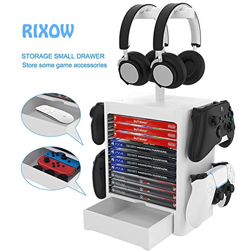 RIXOW Soporte Multifuncional de Almacenamiento de Juegos, Rack de Almacenamiento en Disco de 10 Juegos con Cajón, Soporte para Controlador Auricular Compatible con PS5 PS4 Xbox Series, Gris Claro