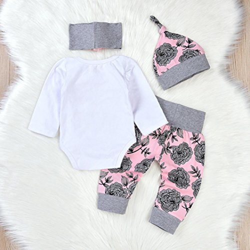 Ropa Bebe Niña Otoño Invierno Fossen Recién Nacido Niña Peleles Monos de Manga Larga + Floral Pantalones + Sombrero + Venda de Pelo,0-18 Meses Bebé Ropa (0-3 Meses, Blanco)