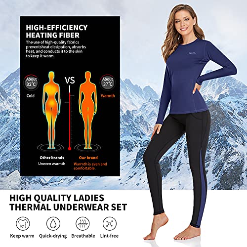 Ropa Interior Térmica Mujer, Camiseta Térmica Mujer Deportes Ropa Interior Funcional Conjuntos Térmicos Termo Invierno Otoño con muy elástica para Running Esquí Montaña Ciclismo Fitness Azul S