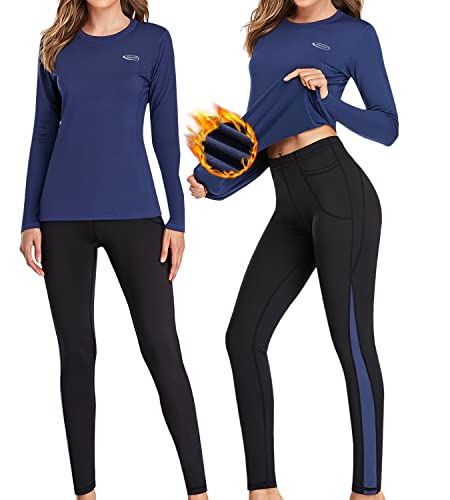 Ropa Interior Térmica Mujer, Camiseta Térmica Mujer Deportes Ropa Interior Funcional Conjuntos Térmicos Termo Invierno Otoño con muy elástica para Running Esquí Montaña Ciclismo Fitness Azul S