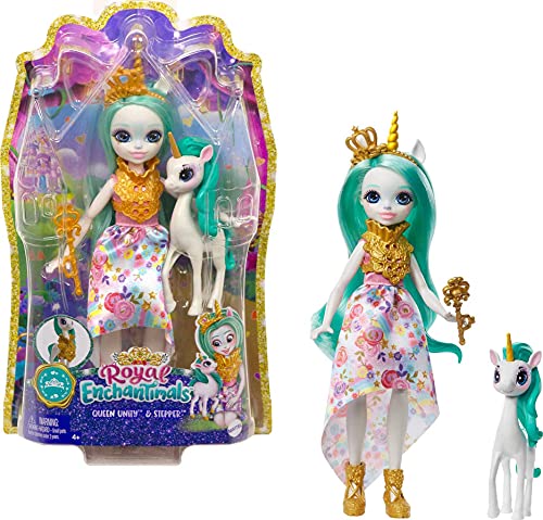 Royal Enchantimals Reina Unity y Stepper, muñeca unicornio con mascota articulada de juguete (Mattel GYJ13)