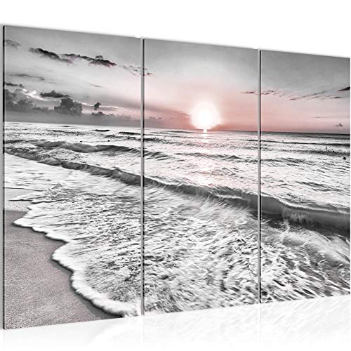 Runa Art Puesta De Sol Playa Cuadro Murales Sala XXL Gris Rosado Paisaje 120 x 80 cm 3 Piezas Decoración de Pared 023731b