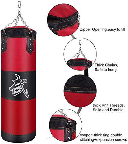 Saco de Boxeo Pesado con Cadena de Acero, Gancho de Extensión y Hebilla de Seguridad, Duradero Bolso De Boxeo Non Relleno para Colgar en el Techo, 100cm