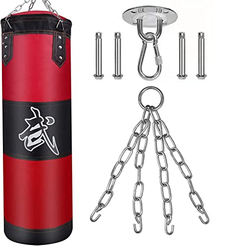 Saco de Boxeo Pesado con Cadena de Acero, Gancho de Extensión y Hebilla de Seguridad, Duradero Bolso De Boxeo Non Relleno para Colgar en el Techo, 100cm