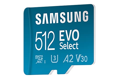 Samsung EVO Select 512GB, microSD, A2, V30, 130 MB/s, FHD, 4K UHD, tarjeta de memoria con adaptador para Smartphone, Tablet, Cámara de Acción, Drone o Notebook (MB-ME512KA)